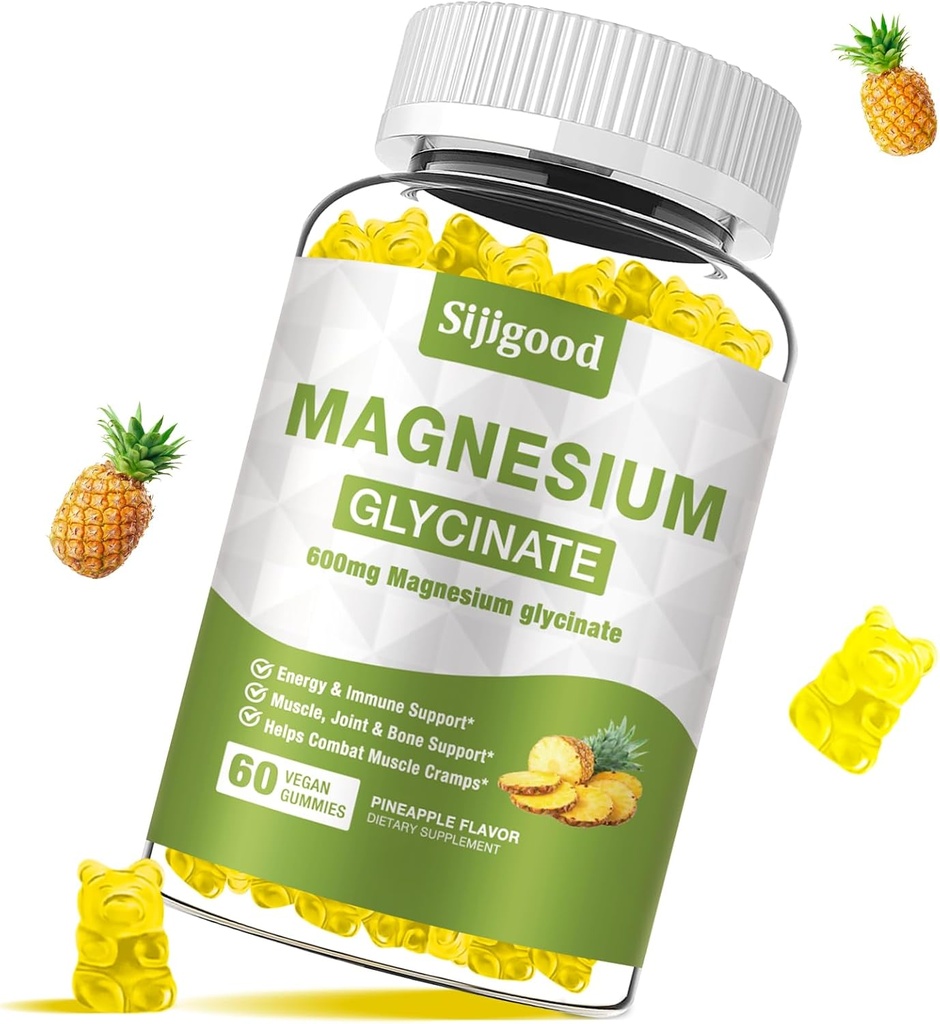 Magnesium Glycinate Gummies 600 מ"ג, מרגיעה ו Zzz תמיכה, Magnesium Potassium תוספת למבוגרים וילדים ללא סוכר, ויטמין C, B6 ו CoQ10 Pineapple Flavor, 60 הרוזן
