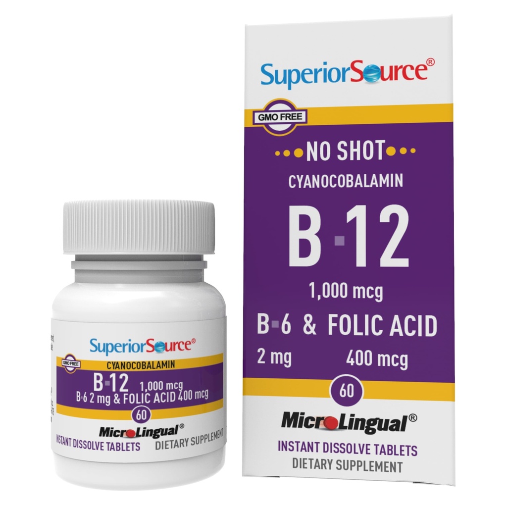 מקור גבוה No Shot ויטמין B-12 Cyanocobalamin 1000 mcg, B-6, Folic Acid 400 mcg - תמיכה המוח ובריאות הלב - מסייע רמות אנרגיה טבעית - 60 טבליות תת-לשונית