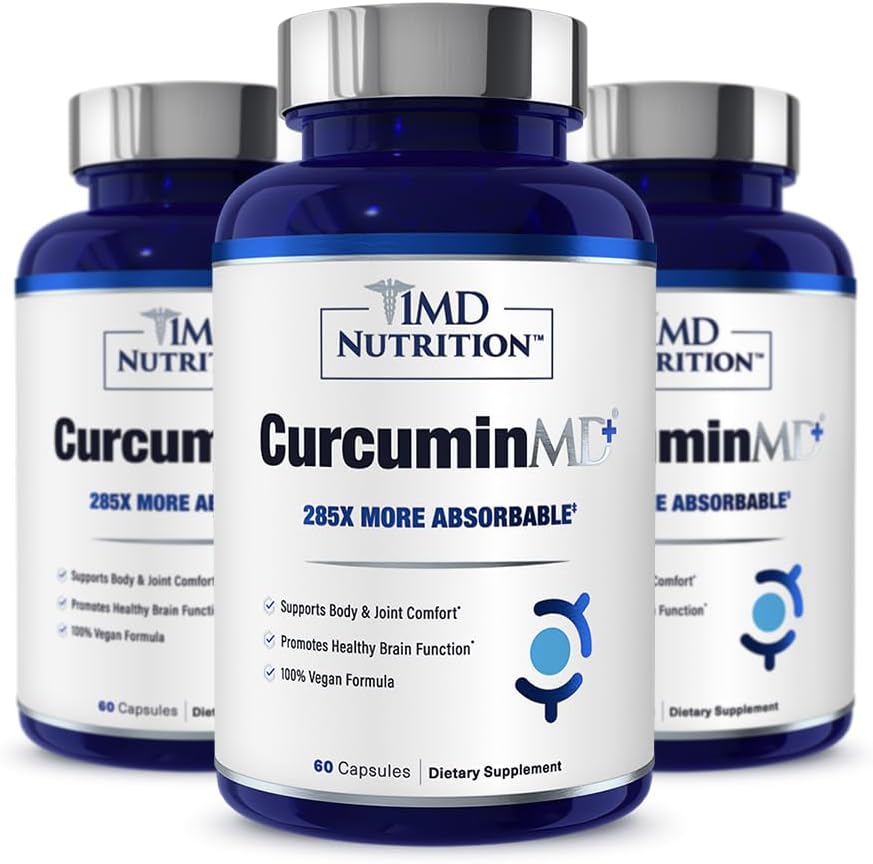 1MD תזונה CurcuminMD Plus - Turmeric Curcumin עם Boswellia Serrata - 285x More Absorbable | משותף Stiffness, שריר התאוששות, ו- Mood Support | 180 קפסולות (3-Pack)
