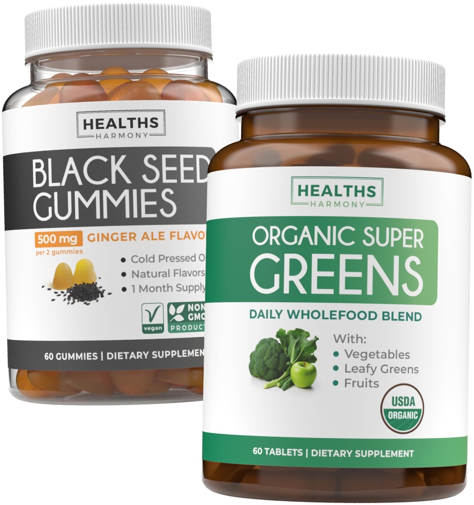 Black Seed Oil Gummies & Super Greens (1-Month) - Daily Green Boost - Black Seed Oil Gummies ג'ינג'ר אלבדור Cold-Pressed Nigella Sativa & Organic Super Greens Complete Super Food Supplement