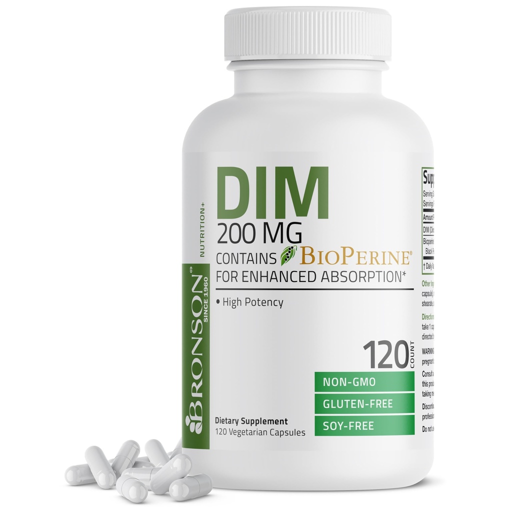 Bronson DIM תוספת 200 MG Diindolymethane עם bioPerine עבור Absorption משופרת, Estrogen metabolism ושומר על רמות הורמוני איזון, 120 קפסולות צמחוניות
