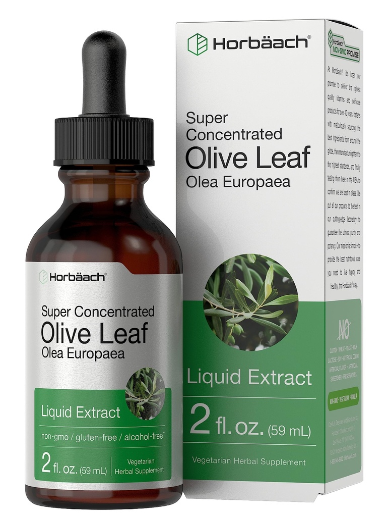 Horbäach Olive Leaf Extract נוזל | 2 fl oz | Super Power | אלכוהול חופשי, צמחוני, non-GMO, Gluten Free