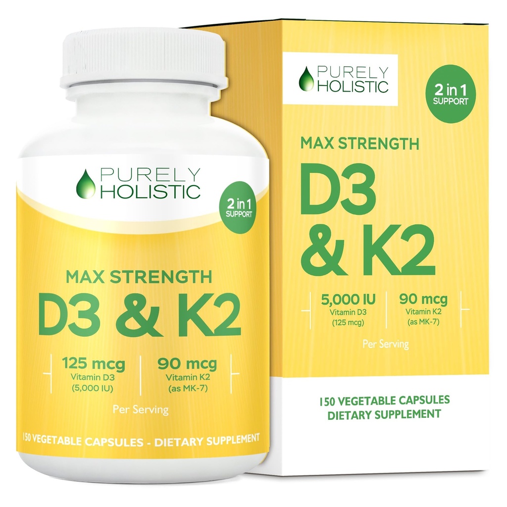 Purely Holistic ויטמין D3 125mcg ווויטמין K2 90mcg MK7-4 חודש לספק 150 קפסולות צמחוניות - ויטמין D3 & K2 Menaqunione - חוזק גבוה כולסטרול המיוצר בארה"ב