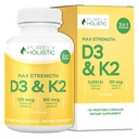 Purely Holistic ויטמין D3 125mcg ווויטמין K2 90mcg MK7-4 חודש לספק 150 קפסולות צמחוניות - ויטמין D3 & K2 Menaqunione - חוזק גבוה כולסטרול המיוצר בארה"ב