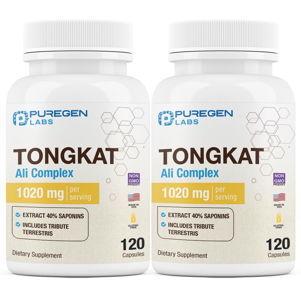 Puregen Labs Tongkat Ali לחלץ 200 עד 1 עבור גברים, 1020 מ"ג לשרת, [High Potency] סך 240 קפסולות - תמיכה בריאות של גברים עם 20mg Tribulus Terrestris | Non-GMO, Gluten Free, Made in USA