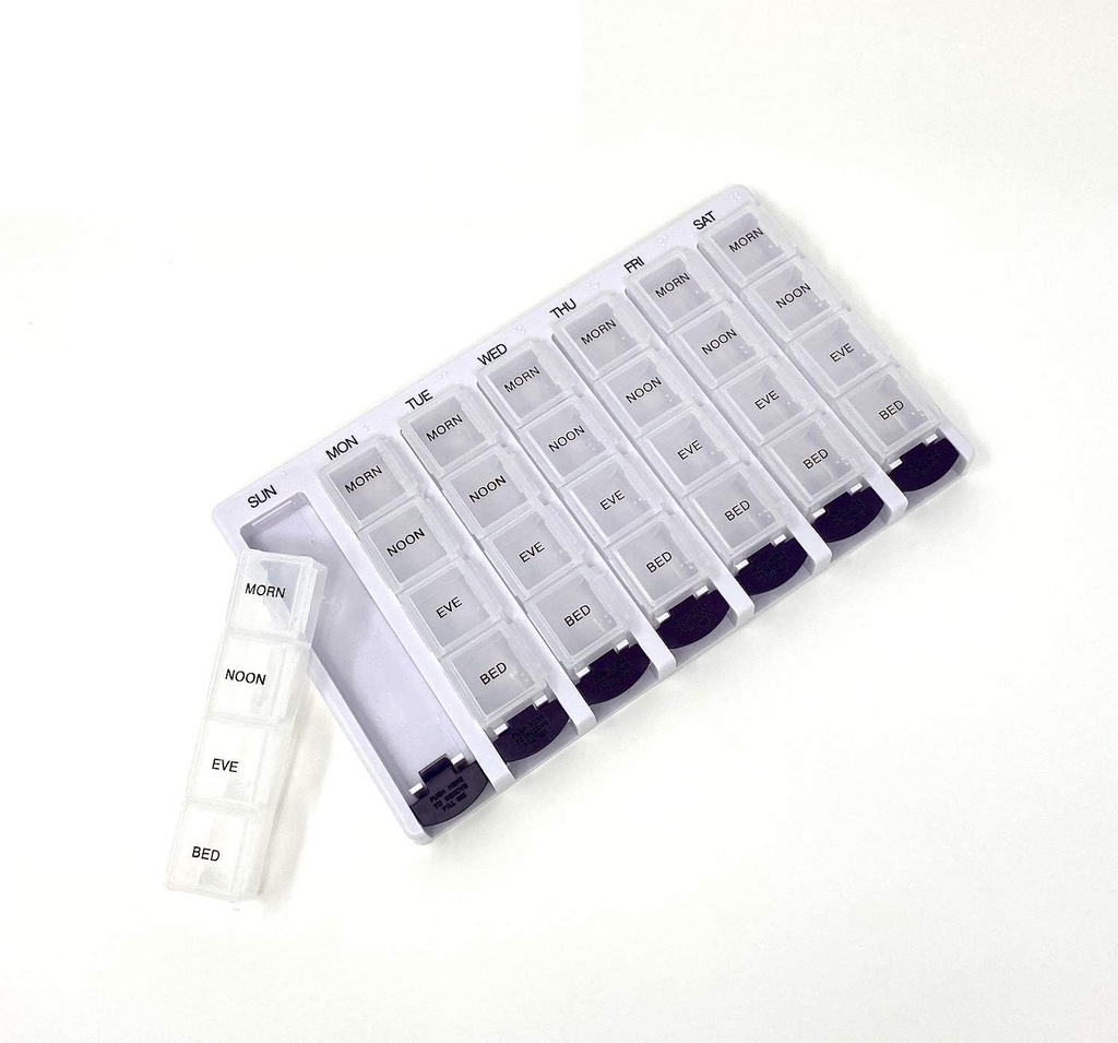 AM /PM Pill Box Portable Travel Prescription & Medicine Pill Case מארגן P&P MEDICAL SURGICAL (7-Day / 4Times-A-Day) עם השוואתיות נשללות ו-Moisture-Proof Designof Design of Design.