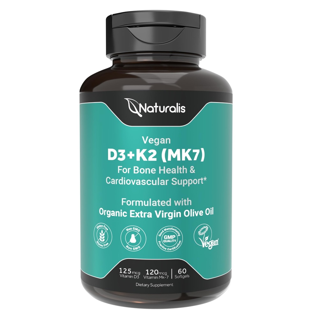 Naturalis Vegan ויטמין D3+K2 מ Algae | 5000 IU D3 עם 120mcg MK7 | חברה טבעונית מוסמך, מקורו באופן בלתי צפוי, טוב יותר מבעלי חיים דרבירד | תמיכה טובה יותר לבריאות העצם & Immune