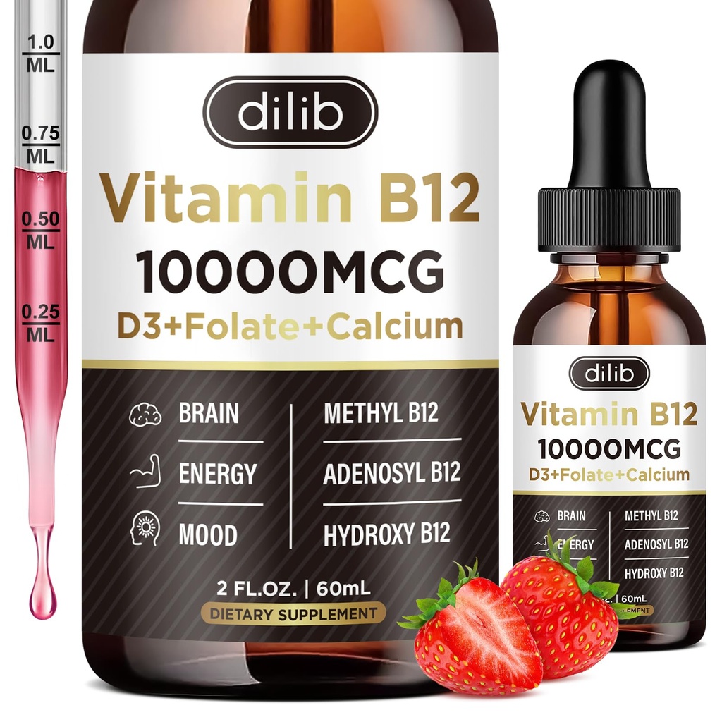 Vitamin B12 Liquid Drops Sublingual 10000 mcg, Triple B-12 Complex Supplement, Methyl & Methylcobalamin Blend for Women & Men, Mood & Energy Booster, Methylated B 12 for Metabolism & Health Support