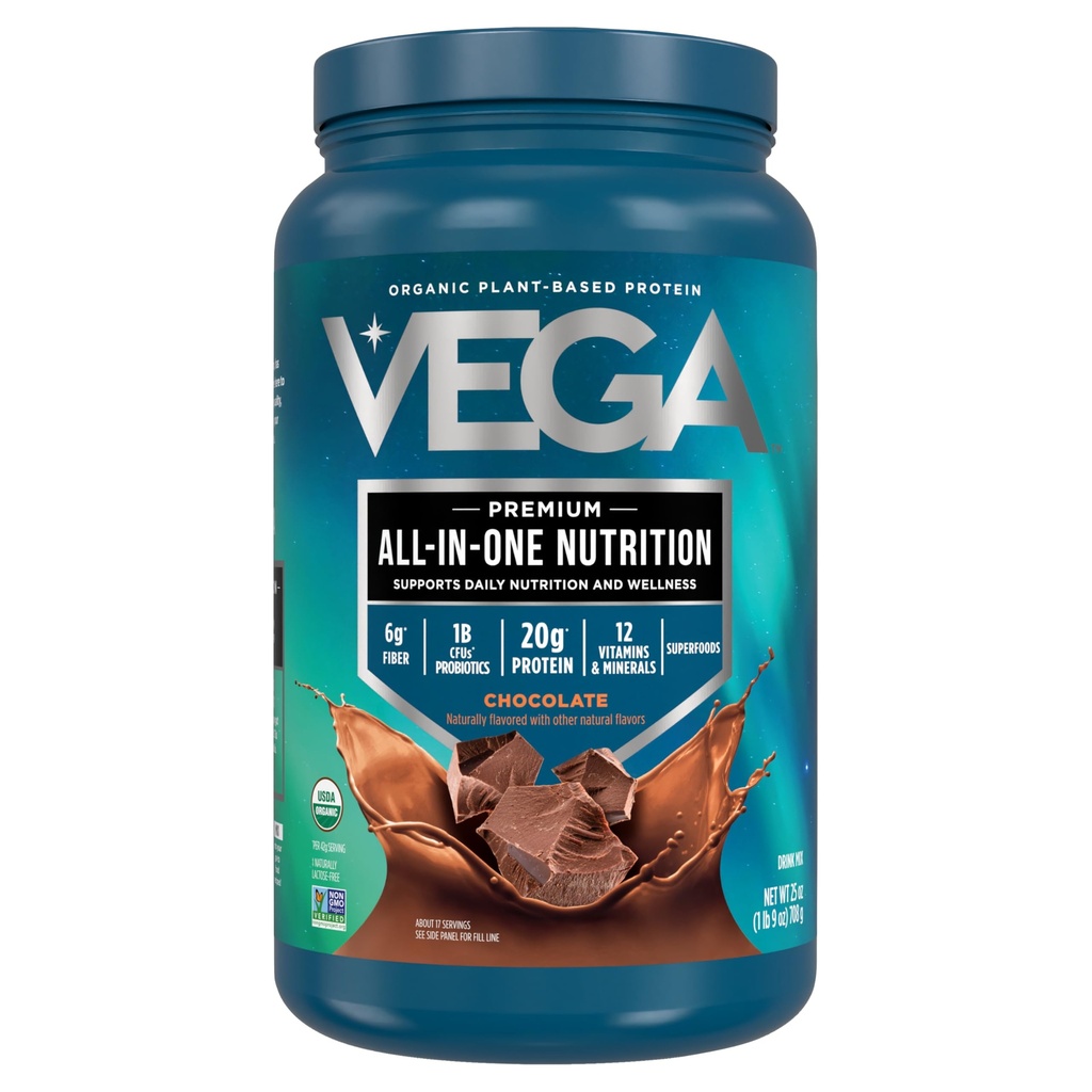 Vega אורגני All-in-One Vegan אבקת חלבון, שוקולד - Superfood Ingredients, ויטמינים לתמיכה בתחמושת, Keto Friendly, Pea חלבונים לנשים וגברים, 25 Oz (Packaging May Vary)