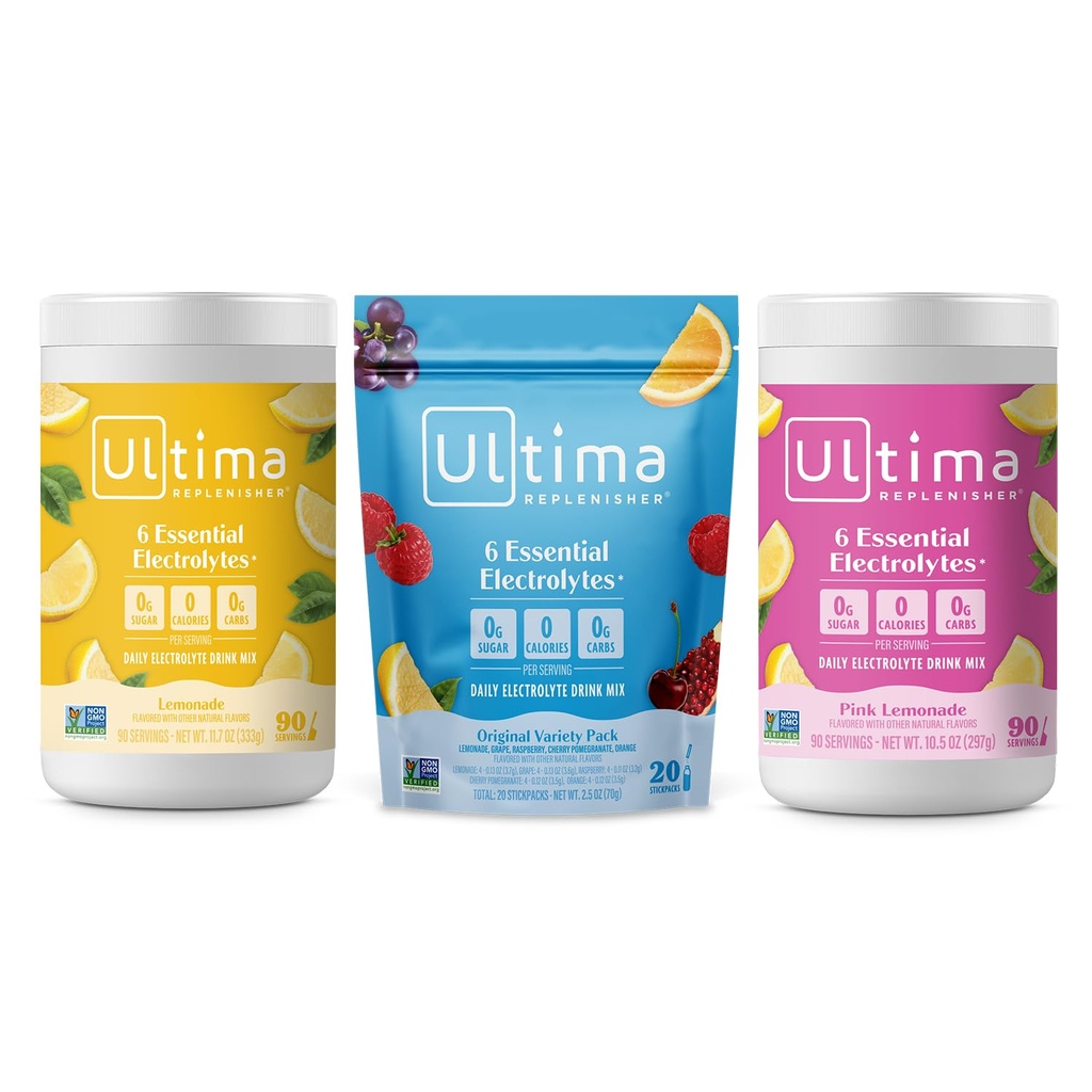 Ultima Replenisher Electrolyte אבקת לשתות Mix Bundle - סוכר חינם - Lemonade, פינק Lemonade, Variety-90 משרתs, 20 Stickpacks - 6 אלקטרוליטים ומינרלים - Keto Friendly, טבעוני, non-GMO.