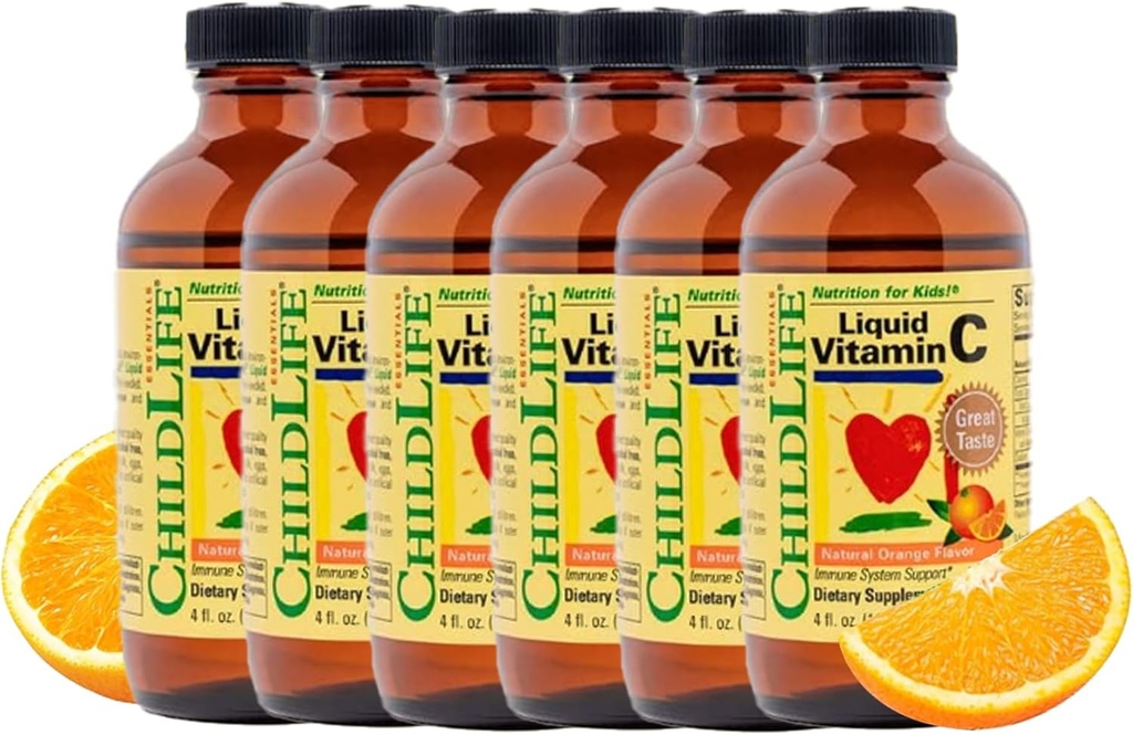 CHILDLIFE ESSENTIALS Liquid Vitamin C - Pure Vitamin C Liquid Supplement for Kids, Immune System Support, Great Taste - Natural Orange Flavor, 4 Fl Oz (Pack of 6)