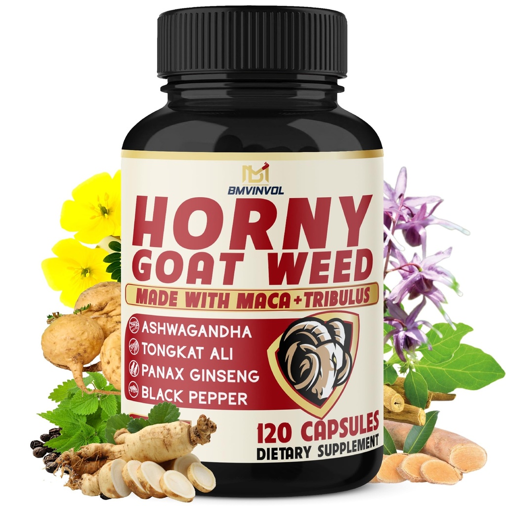 BMVINVOL Hory Goat Weed for Men and Women with Maca, Tribulus, Ginseng, Ashwagandha, Tongkat Ali - 120 קפסולות ל-4 חודשים אספקה