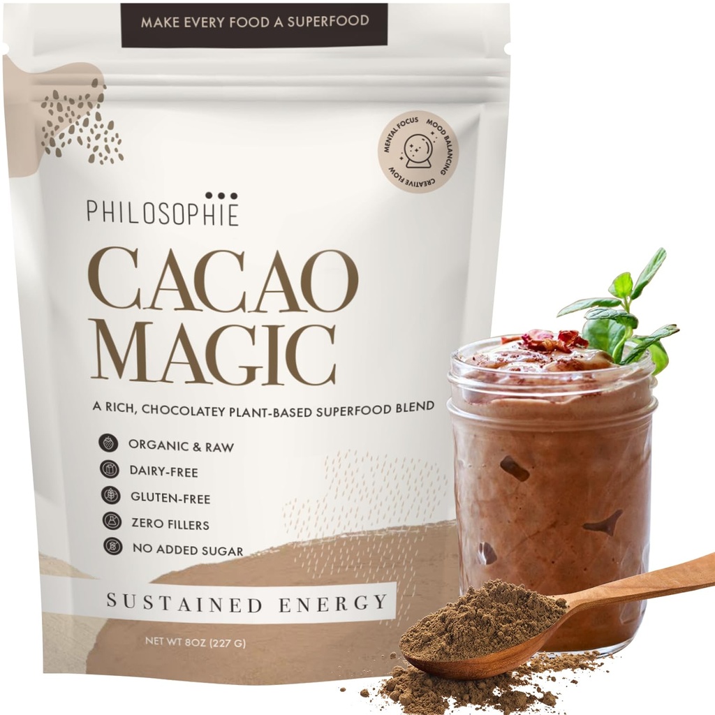 Philosophie Organic Cacao Magic Superfood - אבקת חלבון מבוססת צמחי עם Raw Cacao, Reishi Mushroom & Maca Root - תוספת שוקולד טבעונית לא ממותנת, 32 משרתים