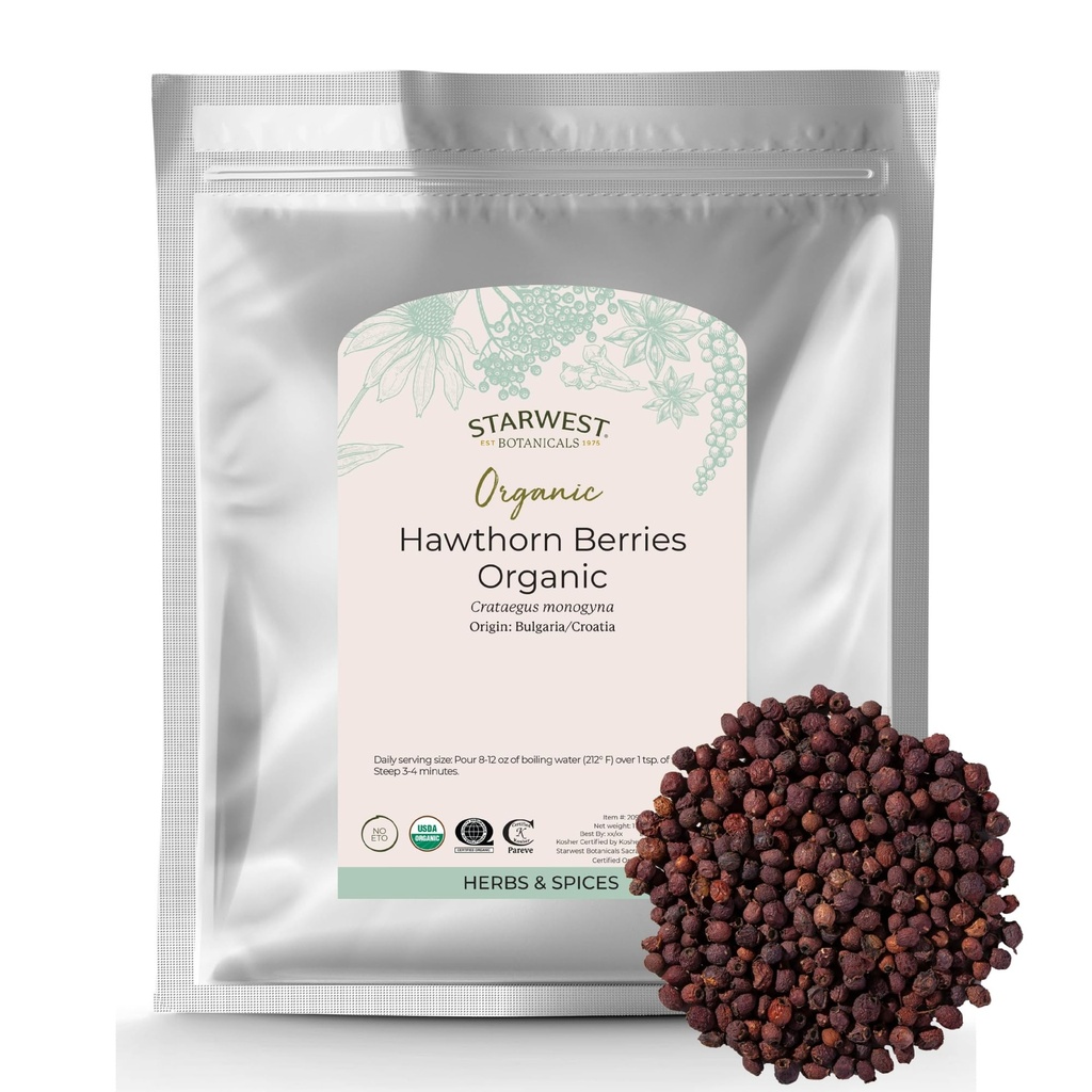 Starwest הבוטנים Organic Hawkhorn Berries Whole - Dried Drop Leaf Herb for Tea, Jam, & Herbal Extracts, Natural Digest Support, Certified Kosher, non-GMO - Bulk 1 lb Bag