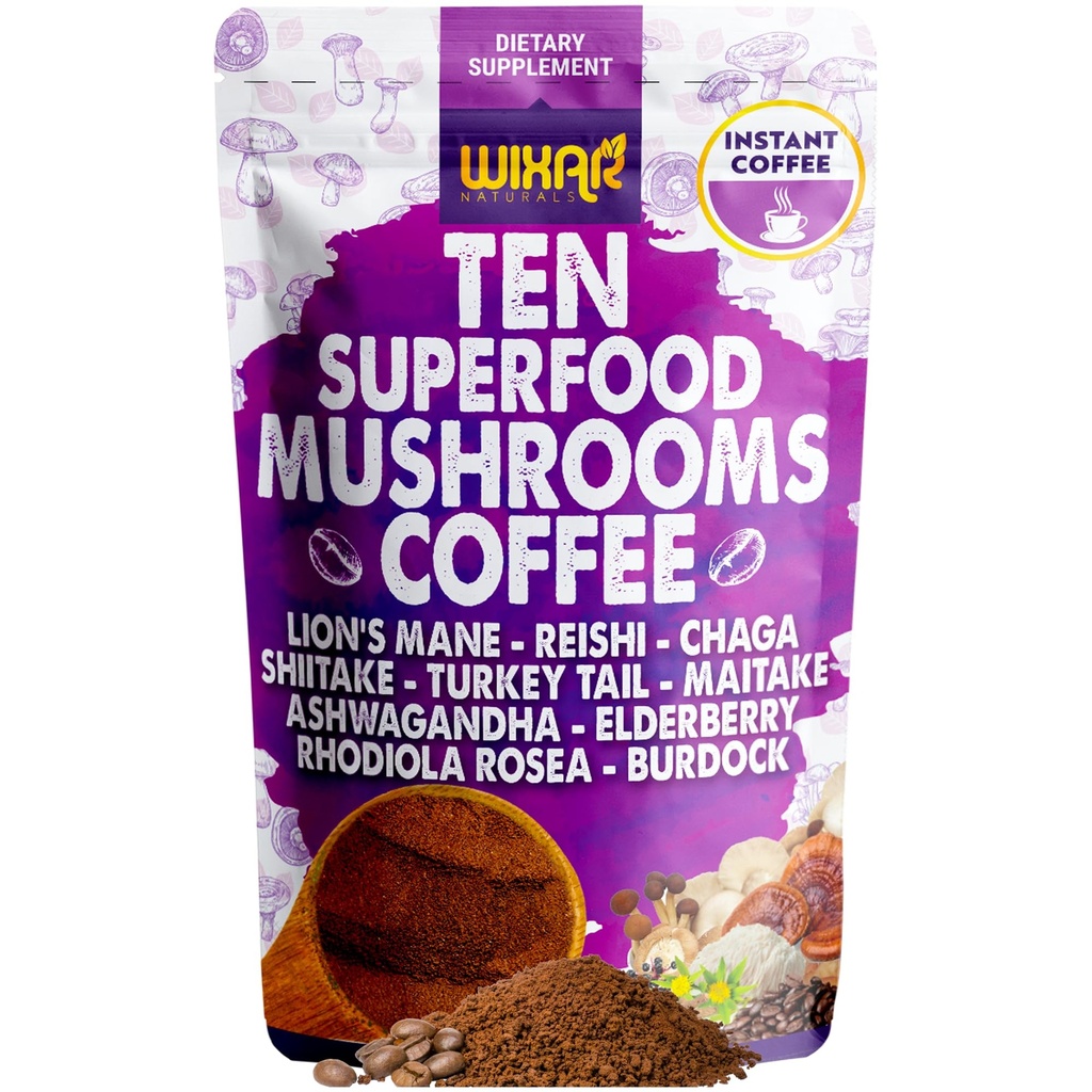 WIXAR Superfood Mushroom קפה - אבקת קפה מיידית, 10 Superfood Extracts with Lion's Mane, טורקיה Tail, Reishi, Chaga, Shiitake, Ashwagandha, Rhodiola Rosea, Elderberry, 5oz Mushroom תוספת תוספת תוספת תוספת תוספת תוספת תוסף, Chaga, Shiitake, Ashwagandha, Rhodiola Rosea, Elderberry, 5oz Mushroom תוספת של 5oz Mushroom תוספת תוספת של 5oz Mushroom תוספת תוספת תוסף תוספת