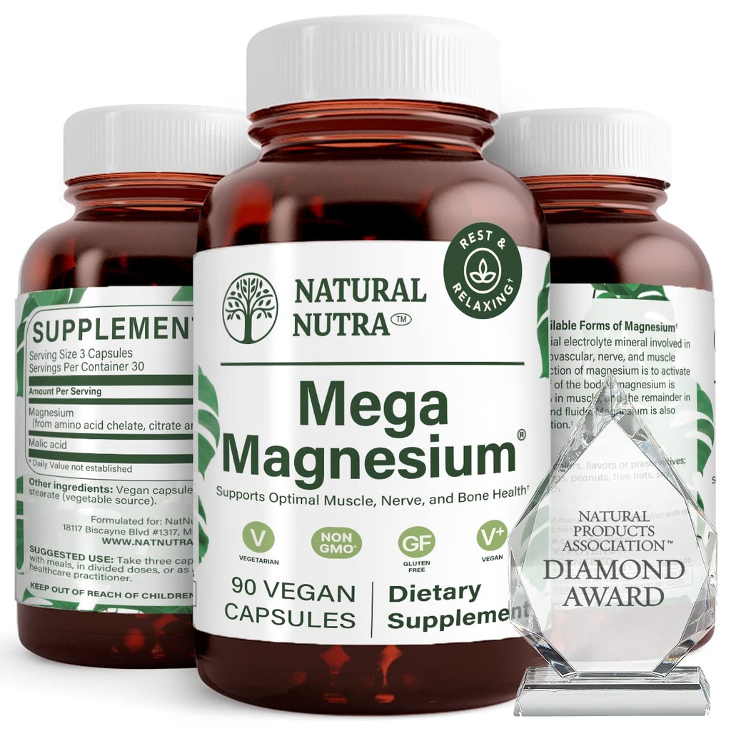 טבעי Nutra Mega Magnesium 400 מ"ג תוסף - High Absorption Amino Acid Chelate, Better Vibes, Citrate, Malate לצמיחת השרירים, כוח העצם, בריאות הלב, תמיכה עצבית - 90 קפסולות