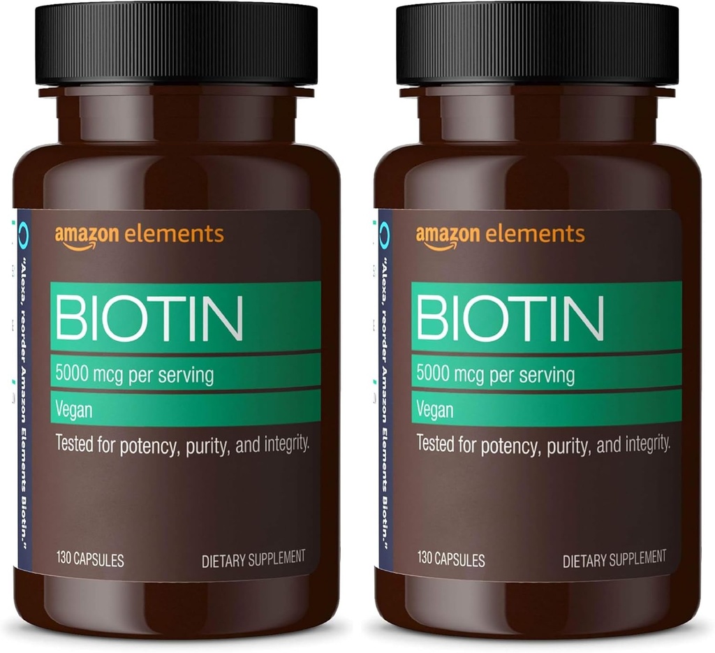 אלמנטים טבעוניים ביוטין 5000 mcg - שיער, עור, ציפורניים, 130 קפסולות (4 חודשים אספקה) (Packing May Vary) (Pack of 2)