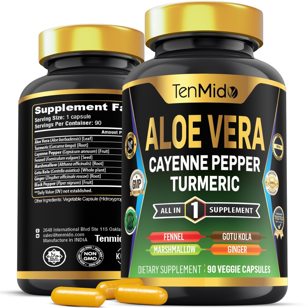 Aloe Vera קפסולות תוספת - 8in1 פורמולה - בשילוב עם Turmeric, קייאן פפר, Marshmallow, Fennel, Gotu Kola, ג'ינג'ר ו Black Pepper - 90 קפסולות במשך 3 חודשים אספקת מזון