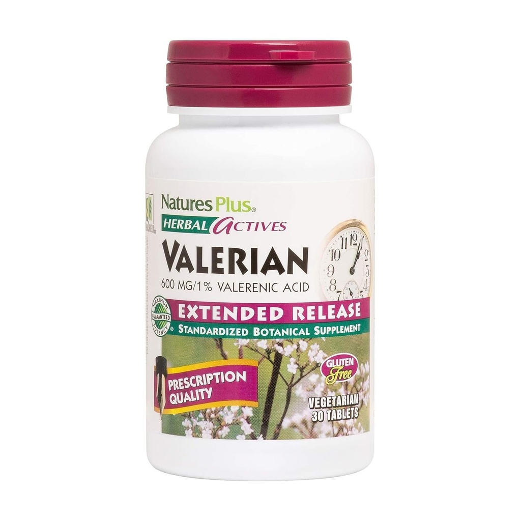 Natures Plus Herbal Actives ולריאן Extended Release Tablets - 600 מ"ג, 30 טבליות טבעוניות - Vegetarian, Gluten-Free - 30 משרתים
