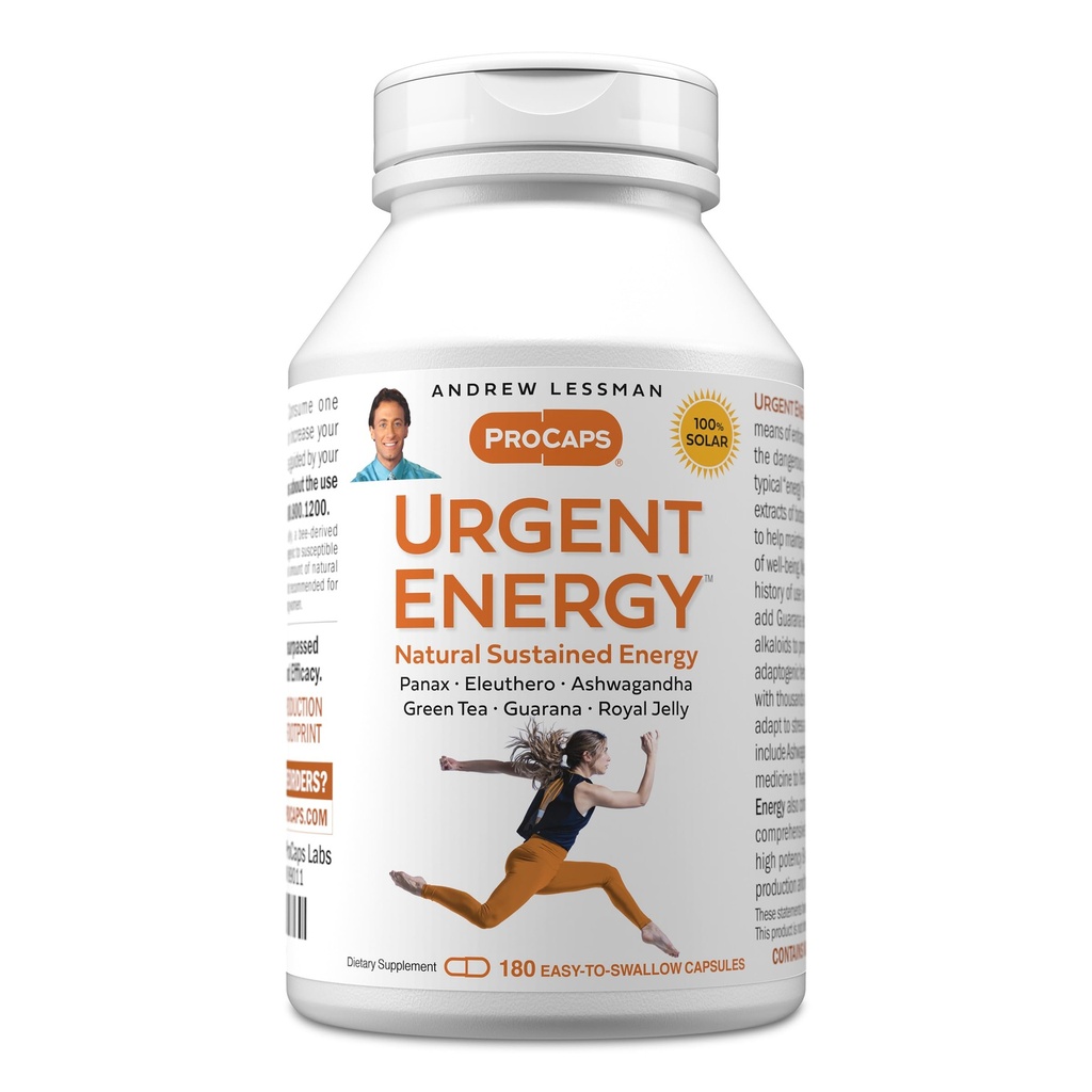 ANDREW LESSMAN Urgent Energy 180 קפסולות - מספק אמצעי בטוח ובריא של רמות אנרגיה Enhancing ורגשות של טוב-להיות, תה ירוק, Guarana, גינזנג, רויאל ג'לי, Ashwagandha, B-Complex