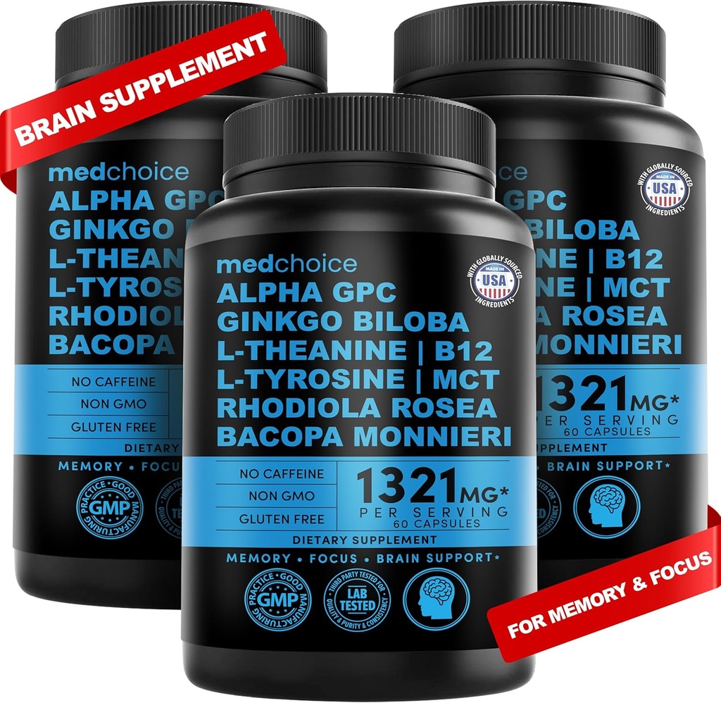 12-in-1 Nootropic Brain תוסף Anhydrous: גינקו בילובה לתמיכה במוח, זיכרון והתמקדות - B12, Alpha GPC, L Theanine ו- Choline תוספים עם bioperine Non Caffeinated 1321 מ"ג (180ct)