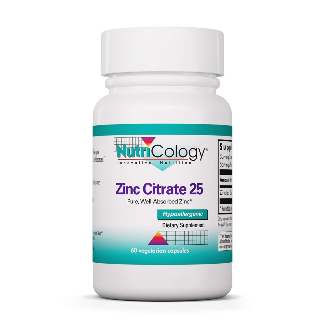 תוספי תזונה Zinc Citrate - 25mg Zinc for Men & Women, Immune Support, Pure, Well-Absorbed, Well-Tolerated, Traceמינרל, Vegetarian כמוסות - 60 Count
