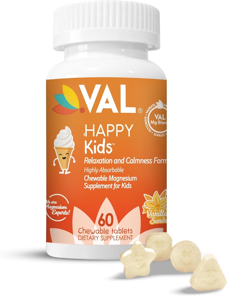 VAL Magnesium for Kids, High-Absorption Magnesium for Calm, הירגעות, Focus, Magnesium Glycinate, Citrate, Turate ויטמין B6, D, C | Sugar-Free, Vanilla - 60 טבליות Chewable (Pack of 1)