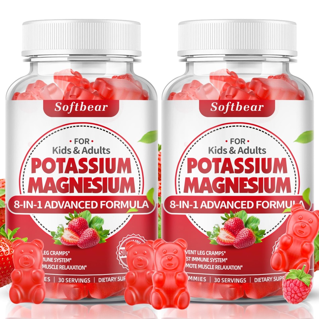 softbear Potassium Gummies for Adults, High Absorption Magnesium Potassium Supplement with Vitamin B6 for Leg Cramps & Muscle Health Sugar-Free Vegan Strawberry 120 Gummies