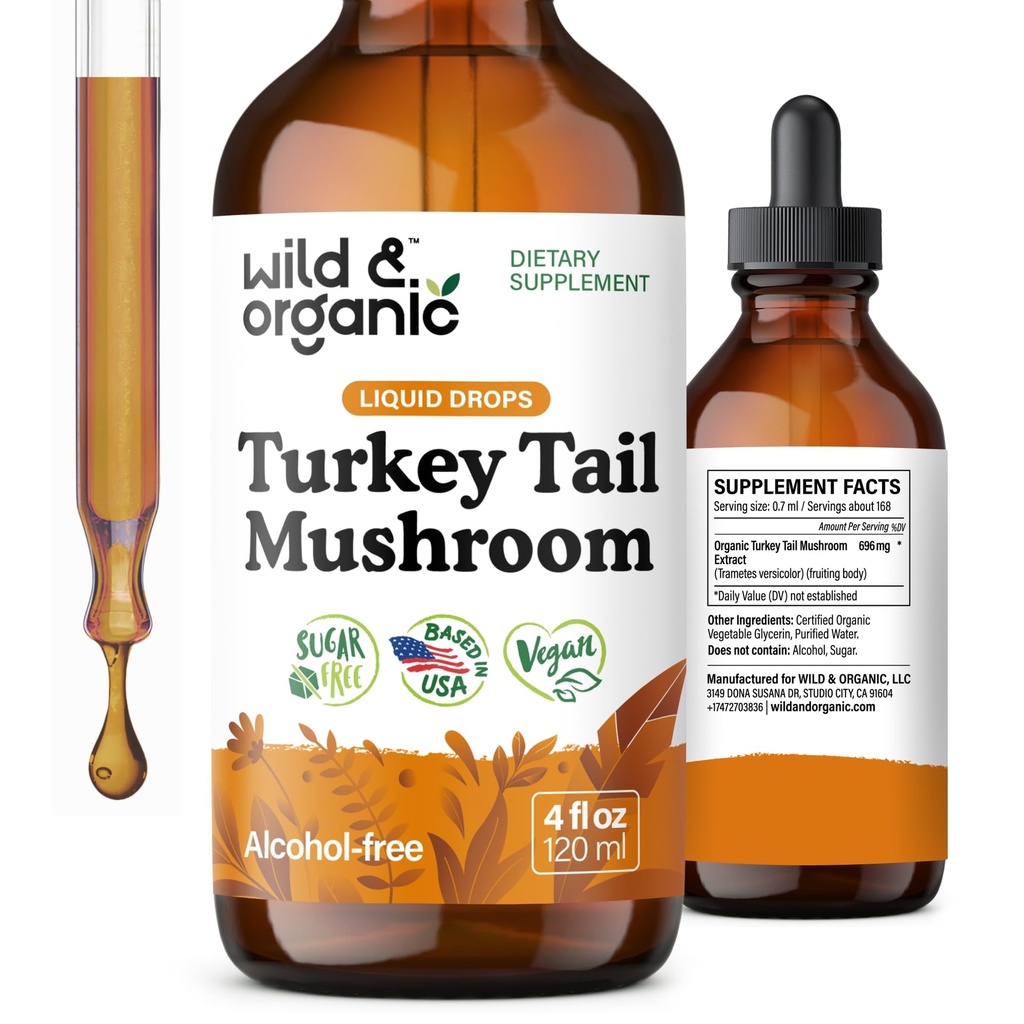 Wild & אורגני טורקיה Tail Mushroom Tincture - תמיכה כספית טיפות עם טורקיה Tail לחלץ - נוזל Mushroom תוספת תמיכה Gut - טבעוני, סוכר ואלכוהול חינם - 4 oz
