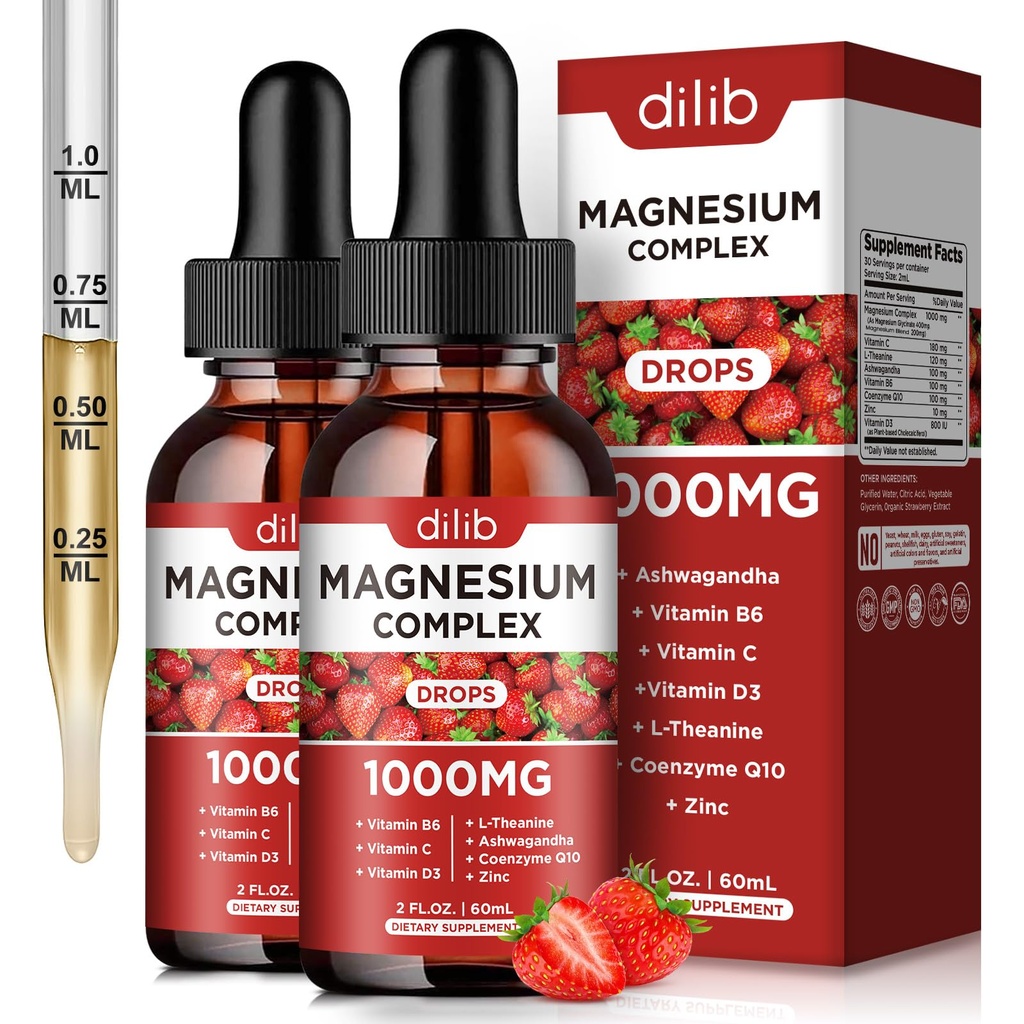 תוספת מורכבת של Magnesium, Magnesium Glycinate, בלנדר, נוזל Citrate טיפות 1000 מ"ג עם Ashwagandha, CoQ10, ויטמין B6, C, D, Zinc - Support Calm Stress הקלה, העצם, השרירים, Mood 2 Packd 2 Packd