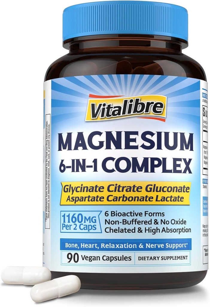 Magnesium Complex תוסף 6 ב 1, 1160mg Chelated Magnesium עבור Max Absorption, לעזור עם שינה טובה יותר, הירגעות ו Nerve Calm, 90 קפסולות טבעוניות, Non GMO & Gluten חינם חינם חינם חינם