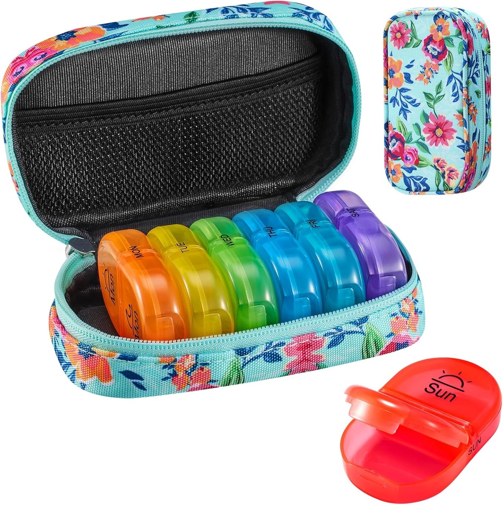 Serfeymi® Travel Pill Productionser 2 Times A Day AM PM שדרג את תיבת הכדור של Rainbow Pill Box 7 Day with Portable Zipper Canvas Pill Case, Medicineארגן עבור גלולות, ויטמינים, שמן דגים - גרין 01