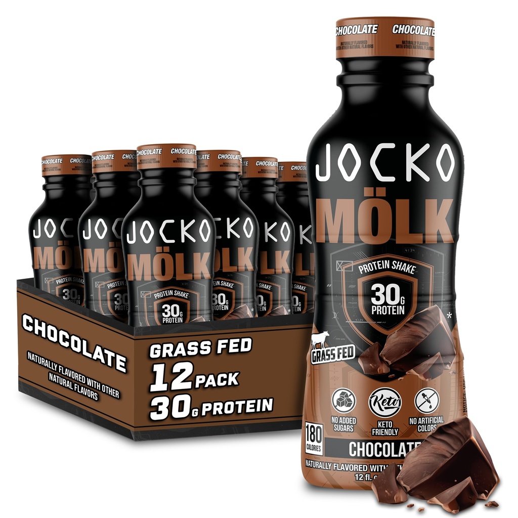 Jocko Mölk 30g Grass פד חלבונים שקים - לא הוסיפו משקאות חלבון סוכר ידידותי KETO - מוכן לשתות 12 FL Oz (Pack של 12) שוקולד