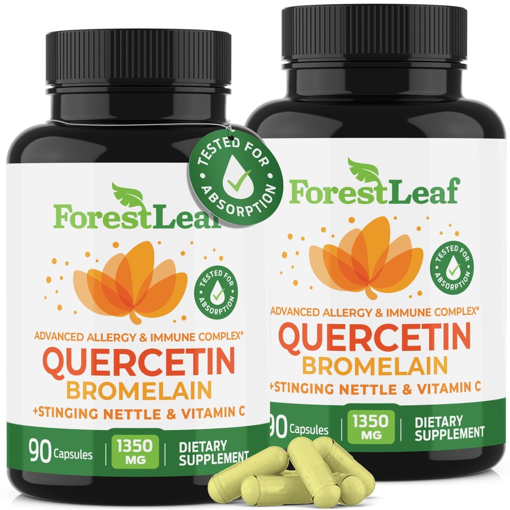 ForestLeaf Quercetin עם Bromelain - 1350 מ"ג בלגן עם ויטמין C & Sting Nettle, מתקדם Quercetin 500 מ"ג תוספת, non-GMO Gluten חינם, טבעי Immune & Respiratory פונקציונלי 180 Veggie קפסולות