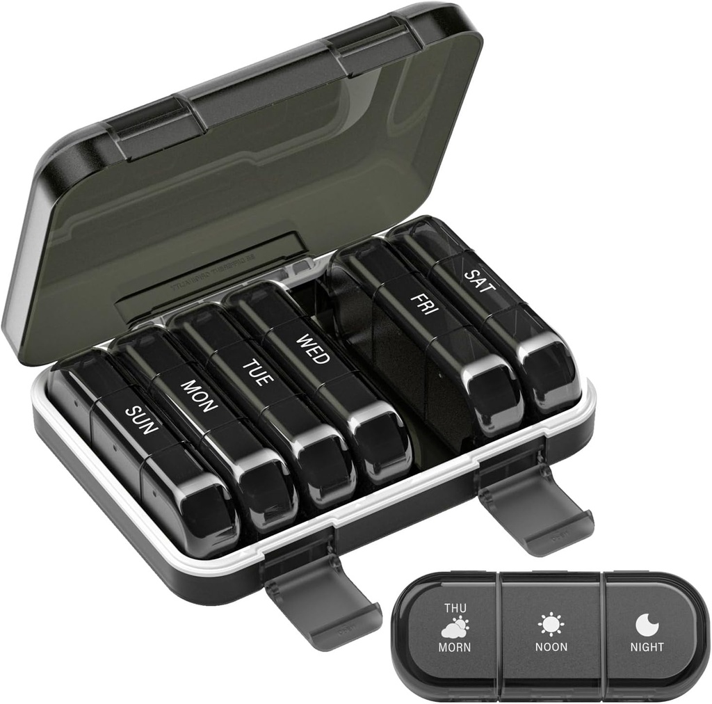 מארגנת גלולת גלולות שבועית 3 פעמים ביום, 7 Day Portable Pill Box for Pills, ויטמינים, שמן דגים, תרופות, תוספים (3x7 שחור)