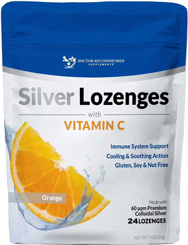 Silver Lozenges עם ויטמין C - Premium Nano Silver 60 PPM Colloidal Silver, דבש אורגני ויטמין C מינרלים תוספת טיפות כדי לתמוך במערכת החיסון, Soothe Cough &גרון - 24 Orange Lozengesges
