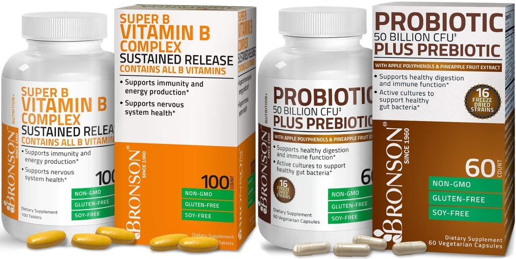 Bronson Probiotic 50 מיליארד CFU + Prebiotic עם Apple Polyphenols & Pineapple פירות לחלץ + ויטמין B Complex Sustained לשחרר