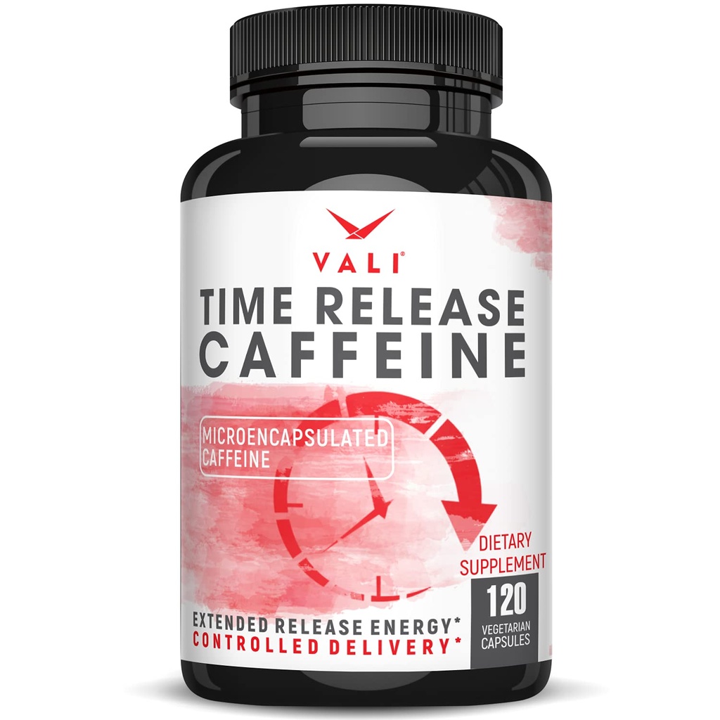 VALI Time Release Caffeine 100 מ"ג קפסולות - שחרור איטי חכם עבור Extended Energy & Focus. Advanced Nootropic תוסף. Brain Booster Active Performance, alertness & Clarity 120 קפסולות