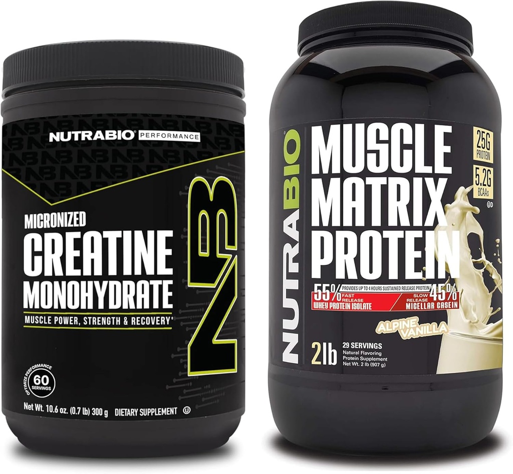 NutraBio Creatine Monohydrate, Unflavored, (300 גרם) ואבקת חלבון במטריקס שרירים, (Vanilla) תוסף Bundle - שריר אנרגיה, צמיחה מקסימלית, התאוששות וכוח