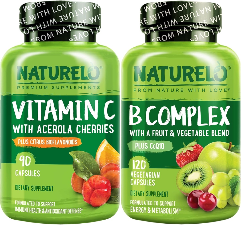 NATURELO ויטמין C כמוסות, 90 ספירת ויטמין B Complex 120 Count