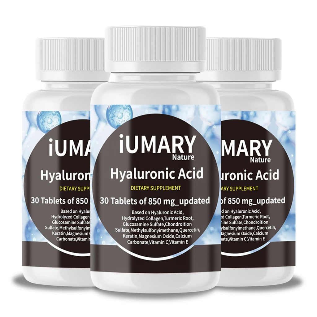 תוספי Hyaluronic Acid, 850mg High Bioavailable Dietary Hyaluronic Acid - תמיכה משותפת מתקדמת עם hydrolyzed Collagen, Turmeric, Glu-cosamine, MSM, ויטמין C - 30 טבליות (Pack של 3)