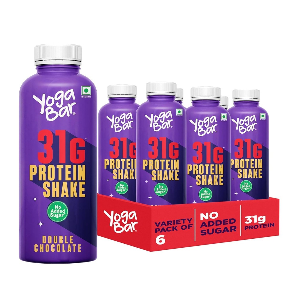 Yogabar 31g Double Chocolate Protein Shake (6 Bottles).- 31g Protein per Serve, No Added Sugar - Low Fat, High Calcium, Ready-to-Drink Milkshake – 250ml Bottle (Pack of 6)