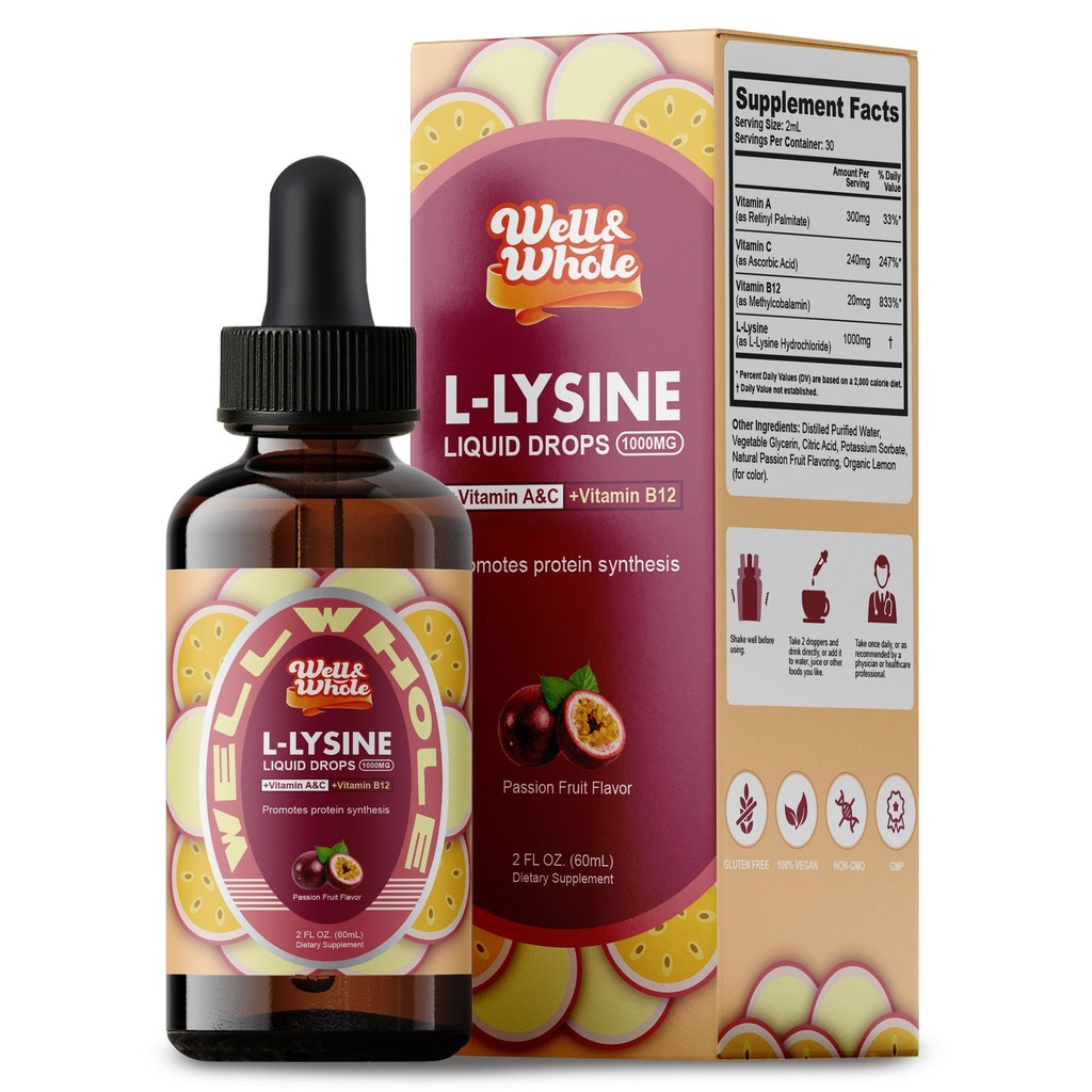 L-Lysine תוספת נוזל טיפות | L-Lysine 1000 מ"ג Tincture עם ויטמין A, C, ו B12 למבוגרים & ילדים | תמיכה כספית, Skin & Lips Health, Collagen Synthesis | Non-GMO, 2 Fl Oz (60 ML)