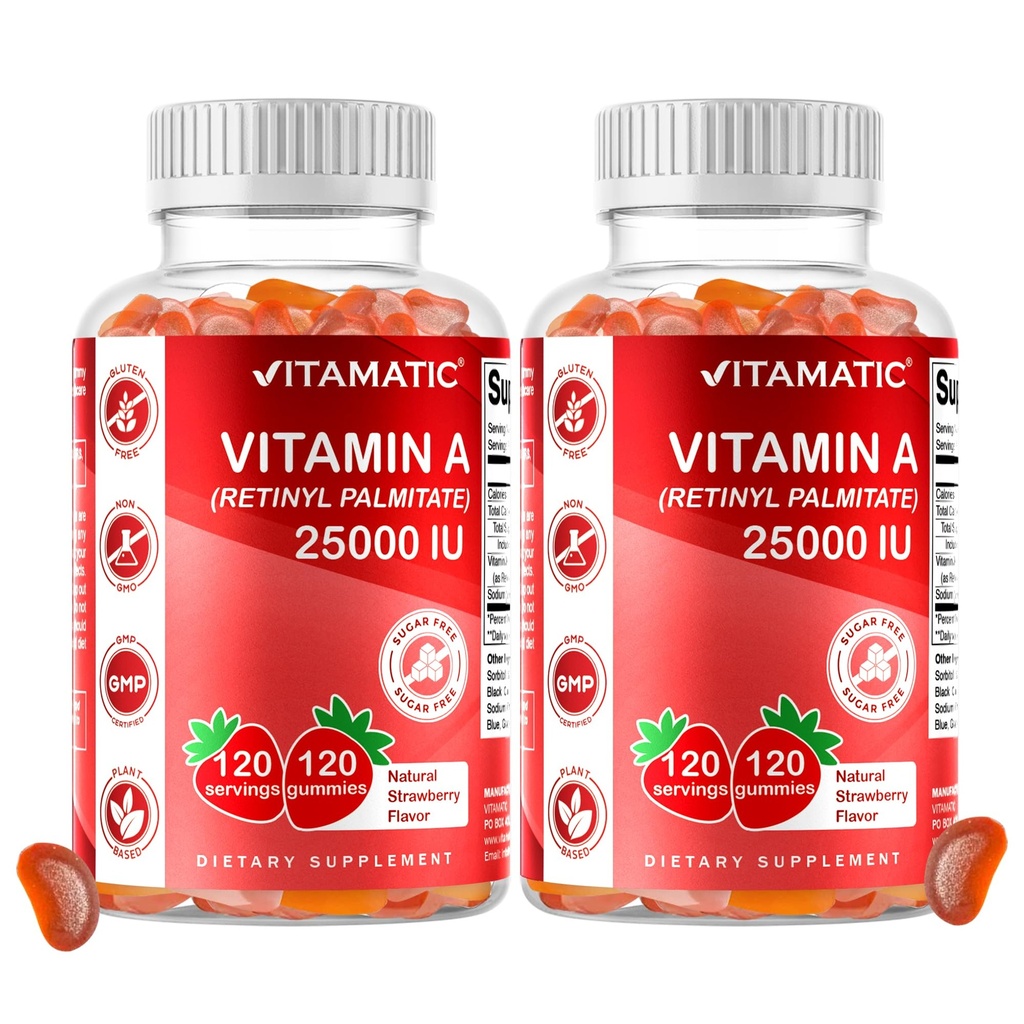 Vitamatic Sugar Free ויטמין A 25000 IU Gummies (Retinyl Palmitate) - Natural Strawberry Flavor - 120 מטבוליזם מבוסס Pectin (2 בקבוקים)
