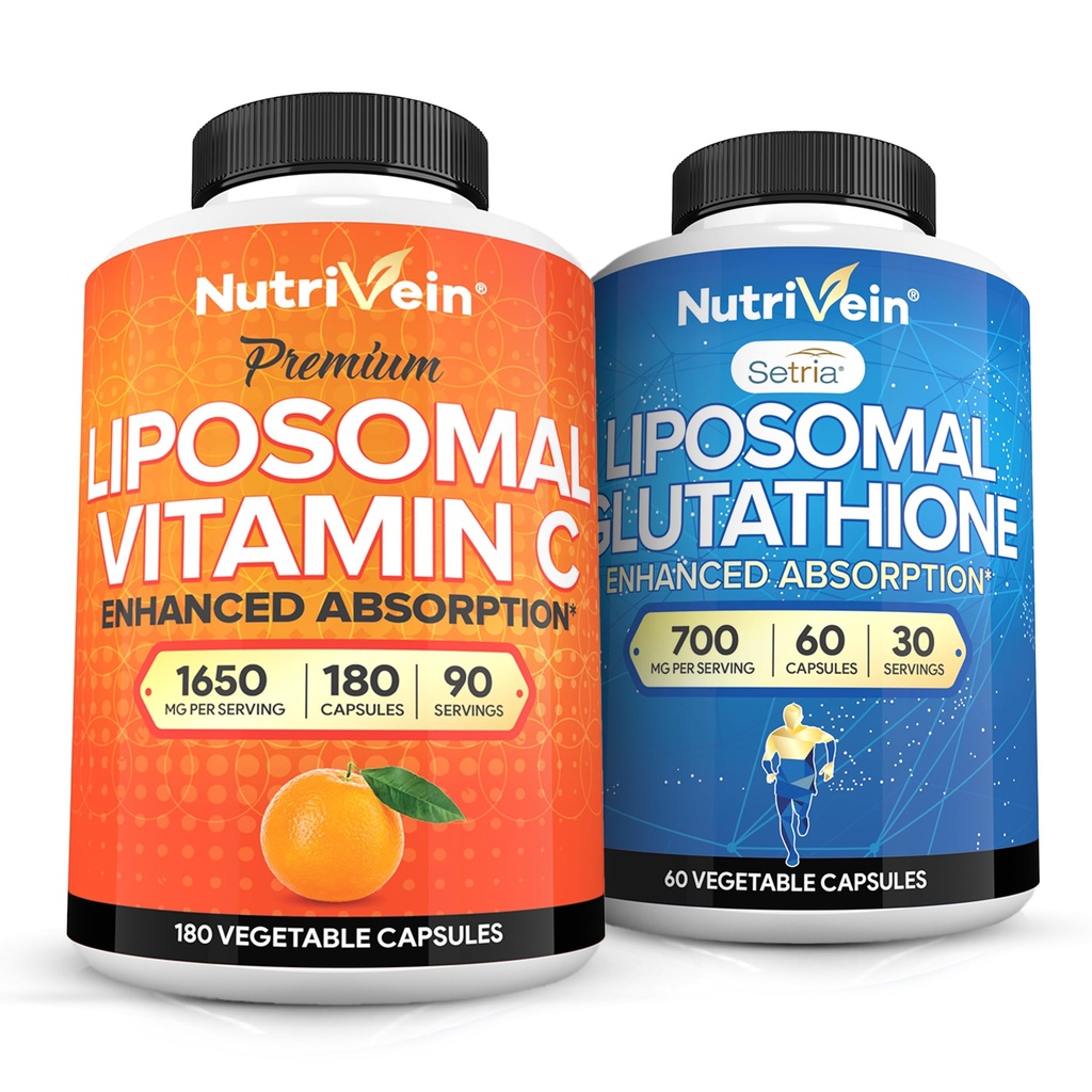 Acvein Premium Liposomal ויטמין C 1650mg & Liposomal Glutathione Bundle - High Absorption Ascorbic Acid Plus Master Antioxidant & Liver ניקוי - Non-GMO, טבעוני / צמחוני - 180 + 60 קפסולות