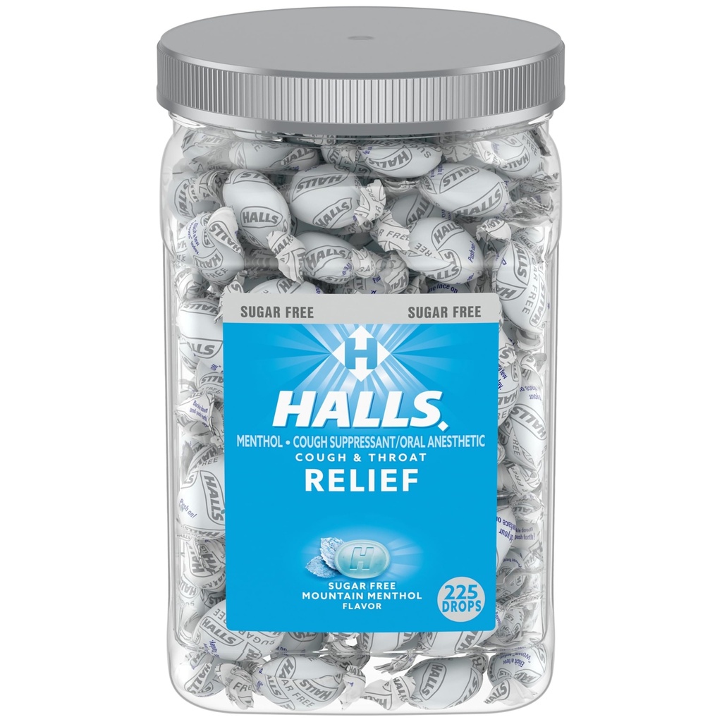 האותיות הקטנות של Halls Relief Mountain Menthol Sugar Free Cough Drops, Bulk Cough Drops,225 טיפות