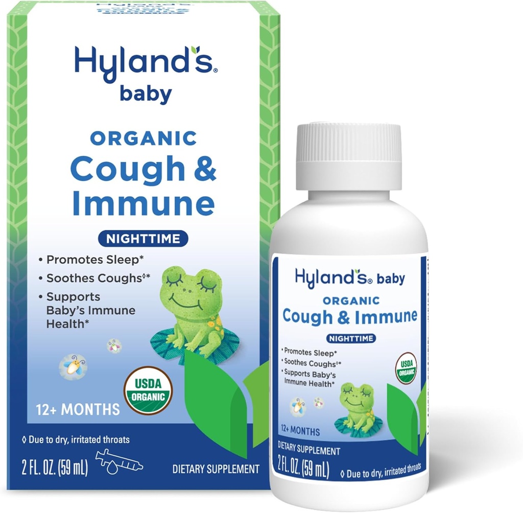 התינוק של Hyland's Baby Organic Cough Syrup ו- Immune Support with Agave, Elderberry ו- Pomegranate, Soothes Cough, and Supports Immunity, Nighttime, 2 Fl. Oz.