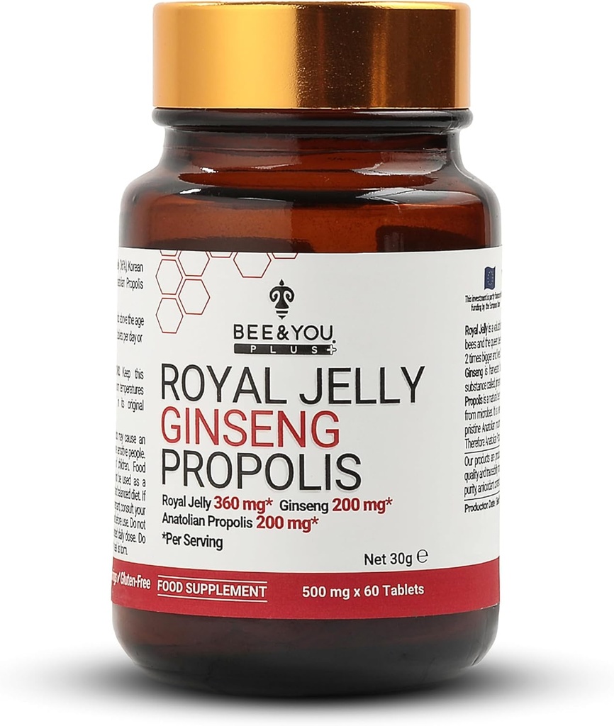 Bee and You Royal Jelly with גיינסנג Tablet, פרפוליס פלט, 60ct, 100% מזון סופר טבעי, Ultra Pure, Immune תמיכה תוספת, אנטי-חמצן, Keto, Paleo, Gluten-Free