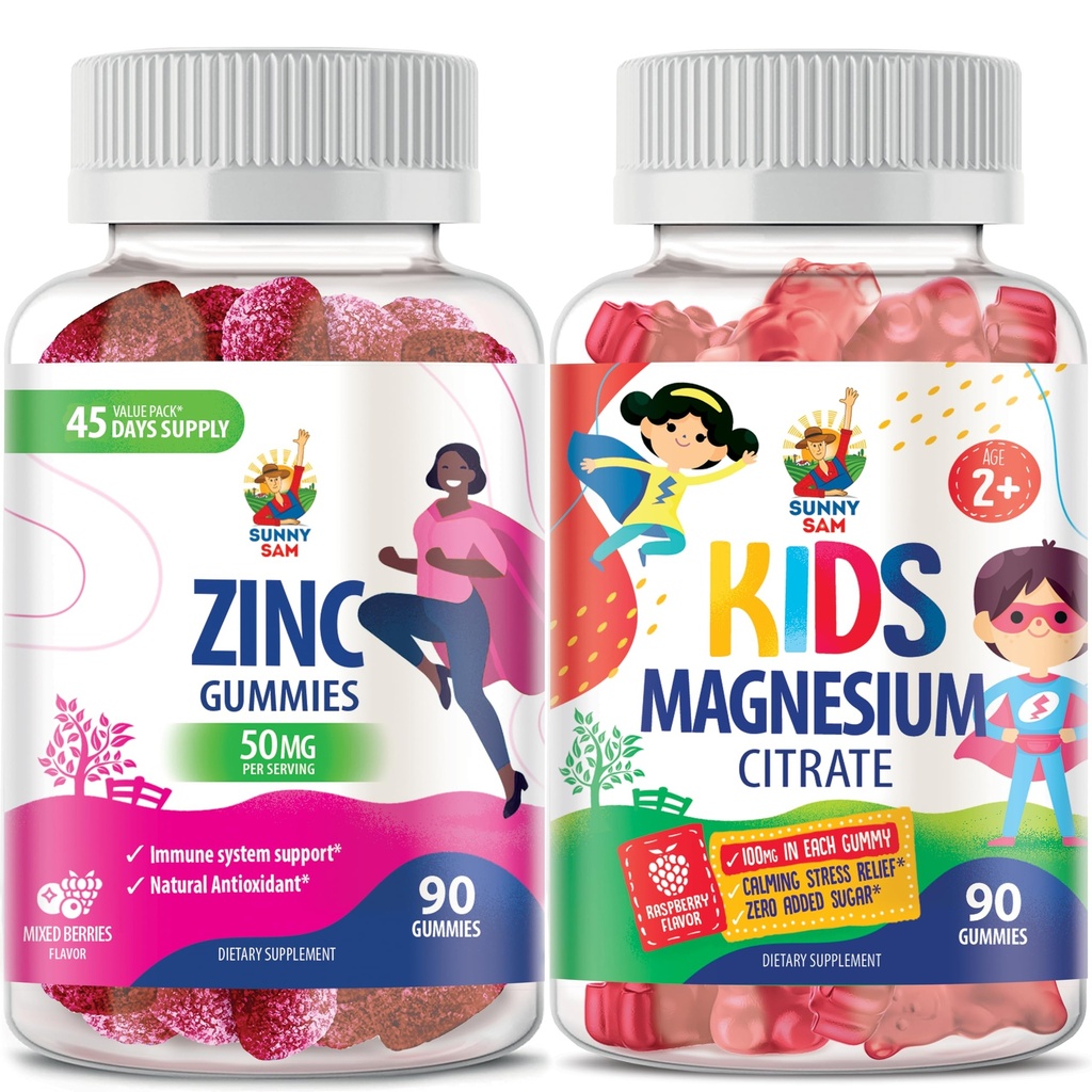 SunNY SAM Zinc Gummies for Adults & Magnesium Gummies for Kids & Adults - 100mg - Calm Magnesium Chews