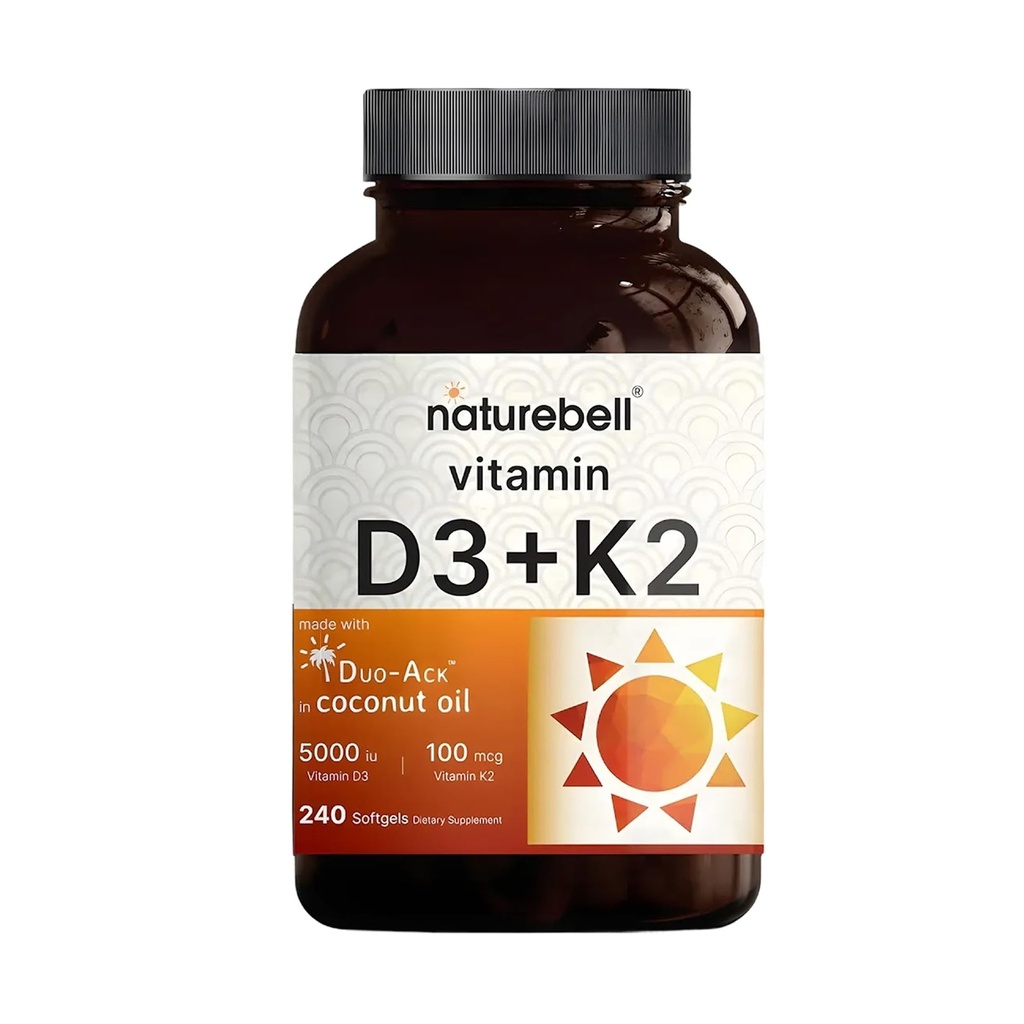 NatureBell ויטמין D35,000 IU + K2 100 mcg, 240 Softgels | Daily 2-in-1 פורמולה עם שמן קוקוס בתולה | Bone, Heart & Immune Support